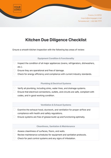 Free Kitchen Due Diligence Checklist Template to Edit Online