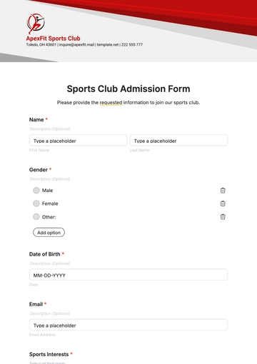 Free Sports Club Admission Form Template to Edit Online