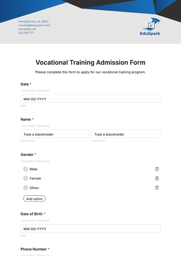 Free Vocational Training Admission Form Template to Edit Online