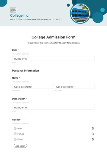 Free College Admission Form Template to Edit Online