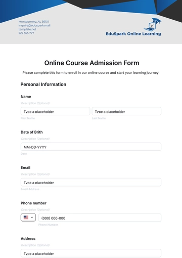 Free Online Course Admission Form Template to Edit Online