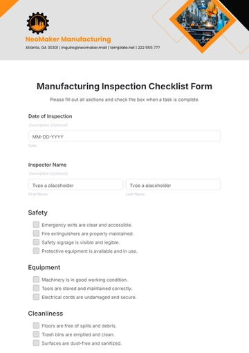 Free Manufacturing Inspection Checklist Form Template to Edit Online