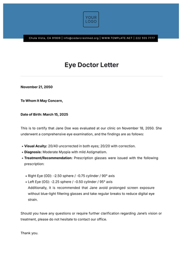 Free Eye Doctor Letter Template to Edit Online