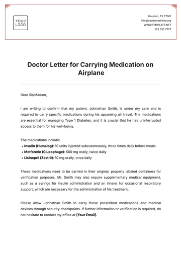 Free Doctor Letter for Carrying Medication on Airplane Template to Edit Online