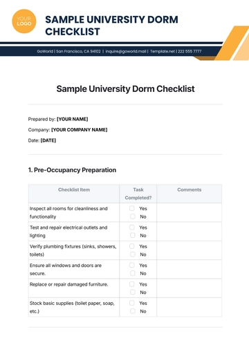 Free Sample University Dorm Checklist Template to Edit Online