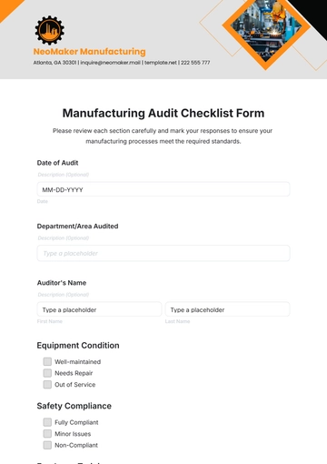 Free Manufacturing Audit Checklist Form Template to Edit Online