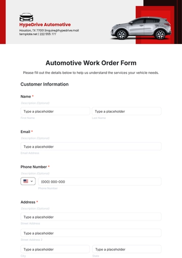 Free Automotive Work Order Form Template to Edit Online
