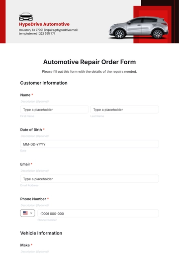 Free Automotive Repair Order Form Template to Edit Online