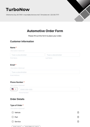 Free Automotive Order Form Template to Edit Online