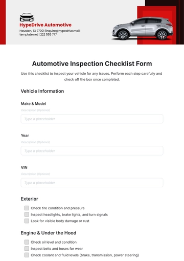 Free Automotive Inspection Checklist Form Template to Edit Online