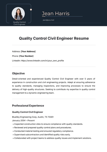 Free Quality Control Civil Engineer Resume Template to Edit Online