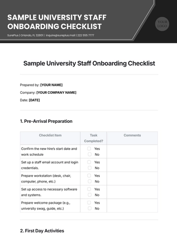 Free Sample University Staff Onboarding Checklist Template to Edit Online