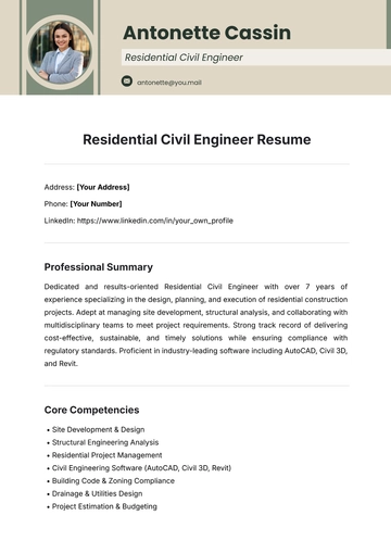 Free Residential Civil Engineer Resume Template to Edit Online