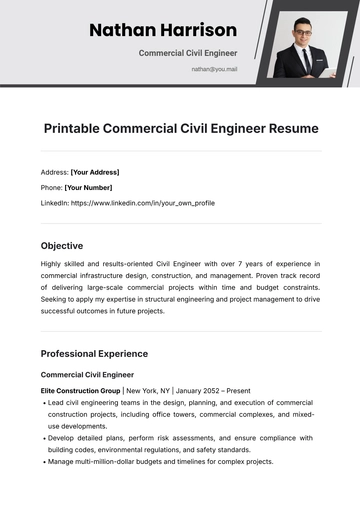 Free Printable Commercial Civil Engineer Resume Template to Edit Online