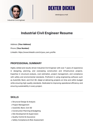 Free Industrial Civil Engineer Resume Template to Edit Online