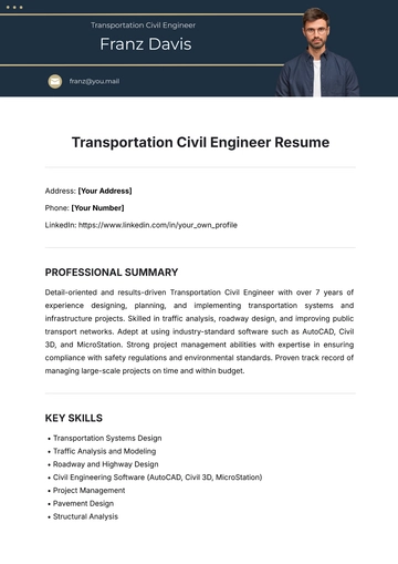 Free Transportation Civil Engineer Resume Template to Edit Online