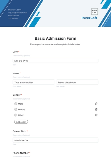 Free Basic Admission Form Template to Edit Online