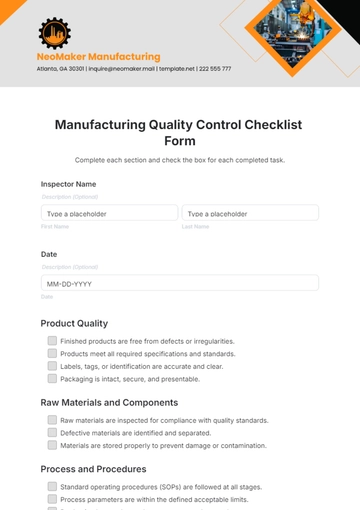 Free Manufacturing Quality Control Checklist Form Template to Edit Online