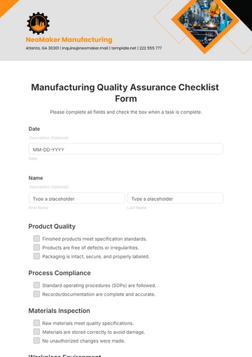 Free Manufacturing Quality Assurance Checklist Form Template to Edit Online