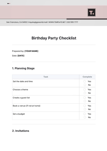 Free Birthday Party Checklist Template to Edit Online
