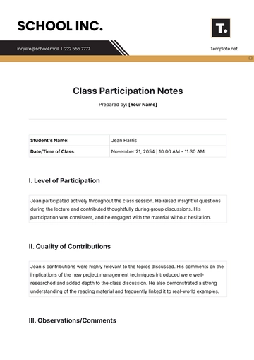 Free Class Participation Notes Template to Edit Online
