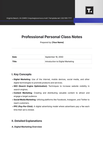 Free Professional Personal Class Notes Template to Edit Online