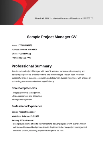 Free Sample Project Manager CV Template to Edit Online
