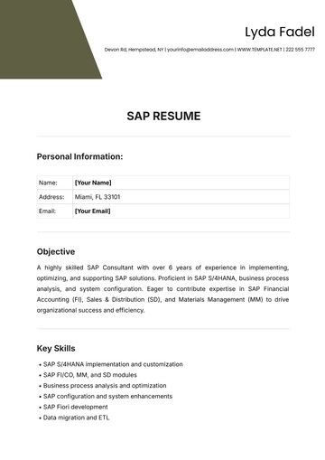 Free SAP Resume Template to Edit Online