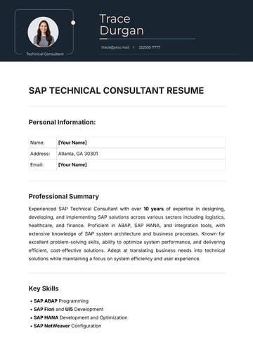 Free SAP Technical Consultant Resume Template to Edit Online