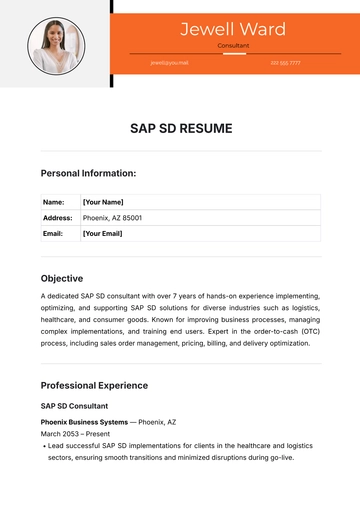 Free SAP SD Resume Template to Edit Online