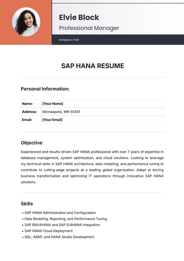 Free SAP HANA Resume Template to Edit Online