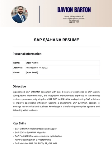 Free SAP S/4HANA Resume Template to Edit Online