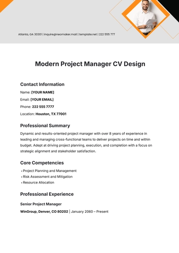 Free Modern Project Manager CV Design Template to Edit Online