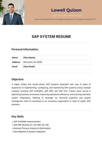 Free SAP Systems Resume Template to Edit Online