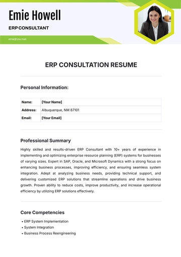 Free ERP Consultant Resume Template to Edit Online
