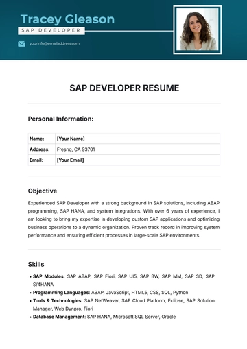 Free SAP Developer Resume Template to Edit Online