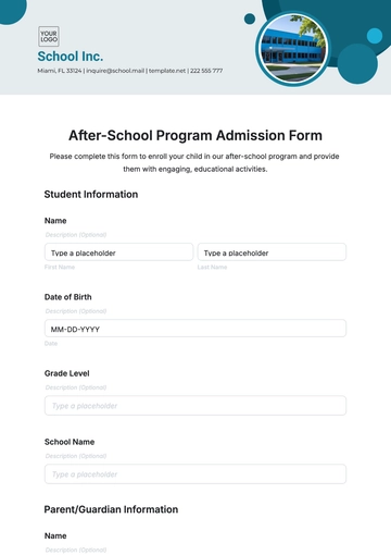 Free After-School Program Admission Form Template to Edit Online