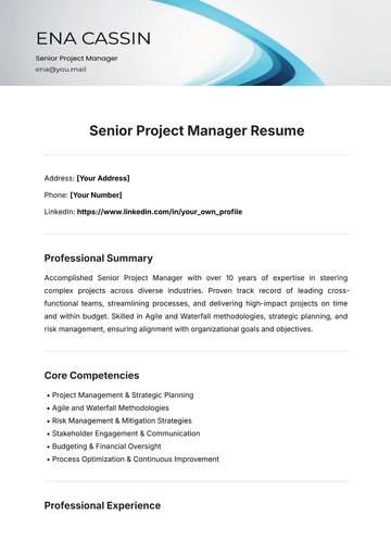 Free Senior Project Manager Resume Template to Edit Online