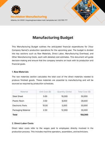 Free Manufacturing Budget Template to Edit Online Free Manufacturing Budget Template to Edit Online