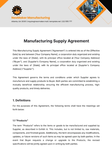 Free Manufacturing Supply Agreement Template to Edit Online