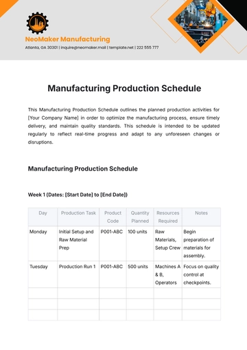 Free Manufacturing Production Schedule Template to Edit Online