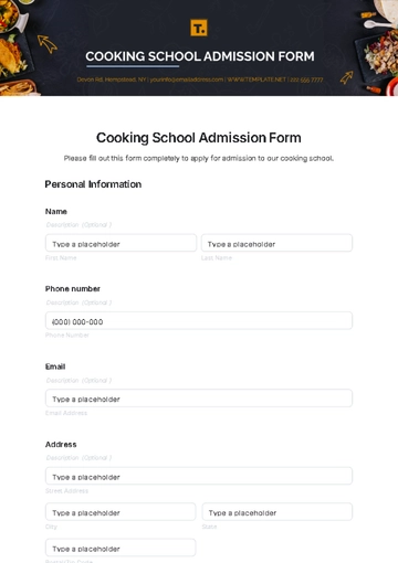 Free Cooking School Admission Form Template to Edit Online