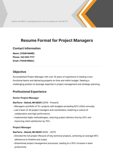 Free Resume Format for Project Managers Template to Edit Online