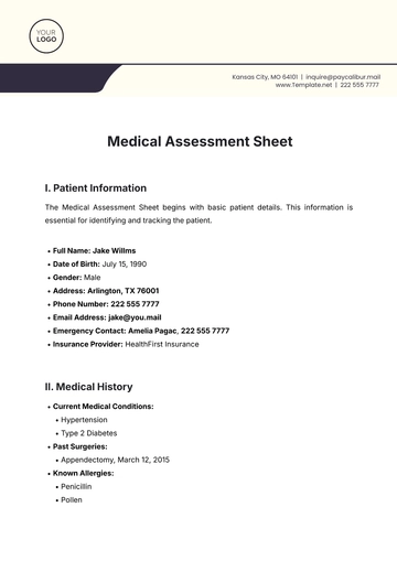 Free Medical Assessment Sheet Template to Edit Online