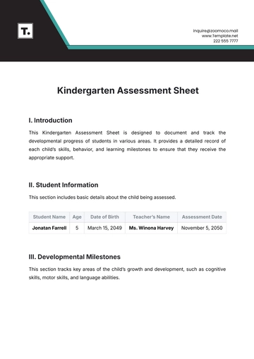 Free Kindergarten Assessment Sheet Template to Edit Online
