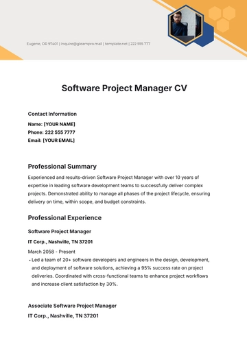 Free Software Project Manager CV Template to Edit Online