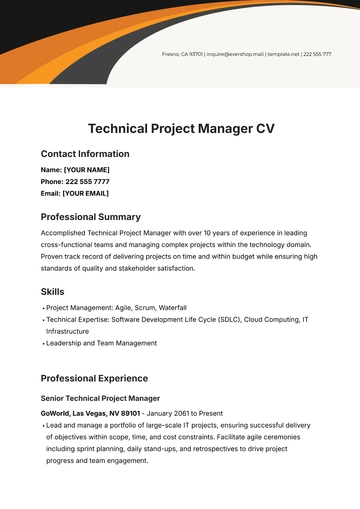 Free Technical Project Manager CV Template to Edit Online