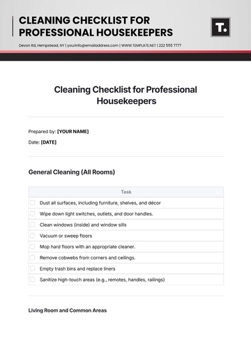 Free Cleaning Checklist for Professional Housekeepers Template to Edit Online