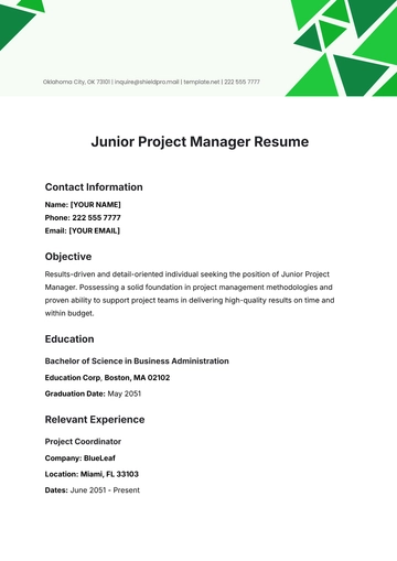 Free Junior Project Manager Resume Template to Edit Online