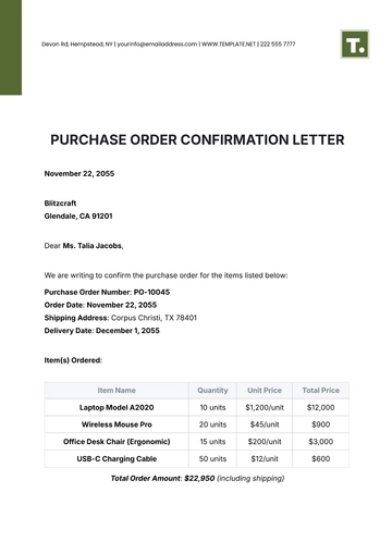 Free Purchase Order Confirmation Letter Template to Edit Online